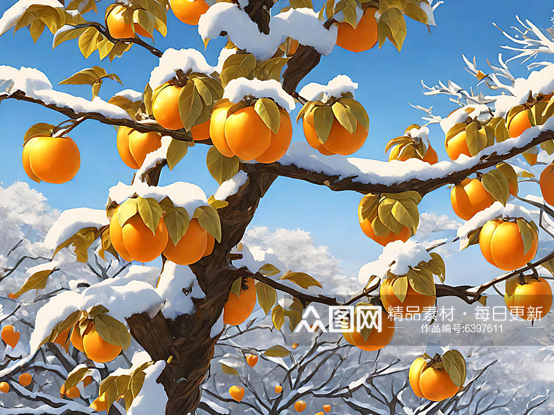 写实风冬天的柿子树AI数字艺术素材
