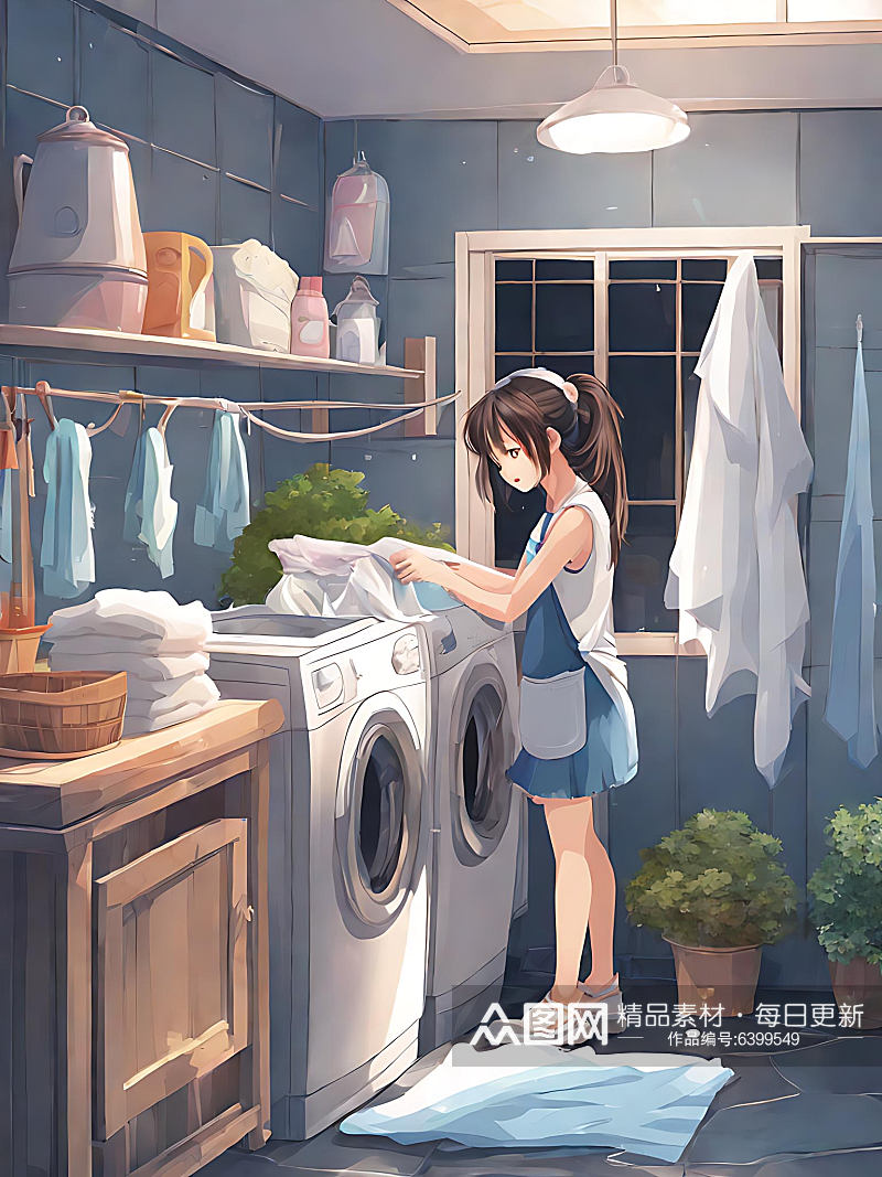 动漫风在洗衣服的女孩AI数字艺术素材