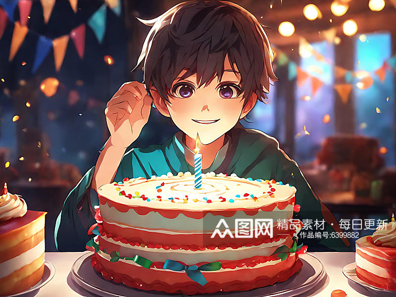 动漫风生日蛋糕和男孩AI数字艺术素材