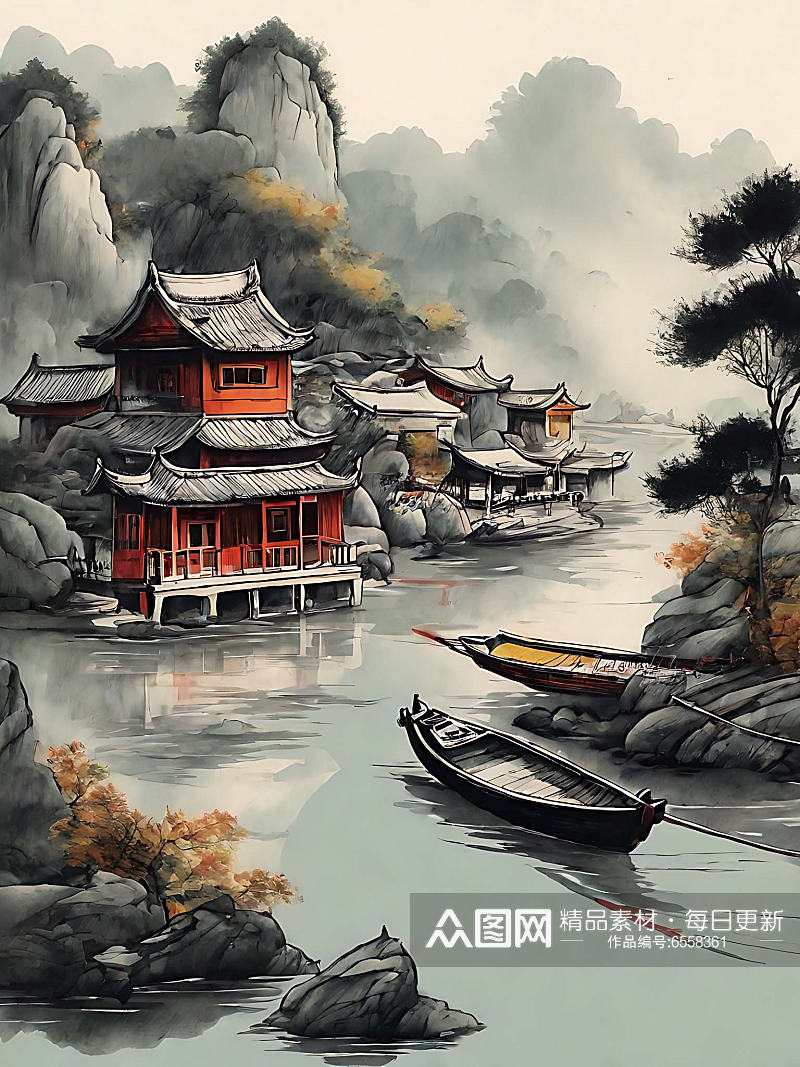 中国风房屋船河AI数字艺术素材