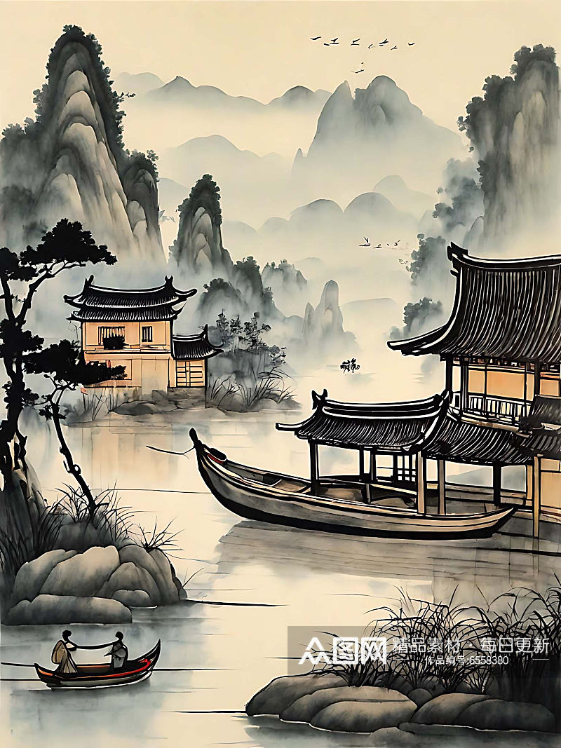中国风房屋船河AI数字艺术素材