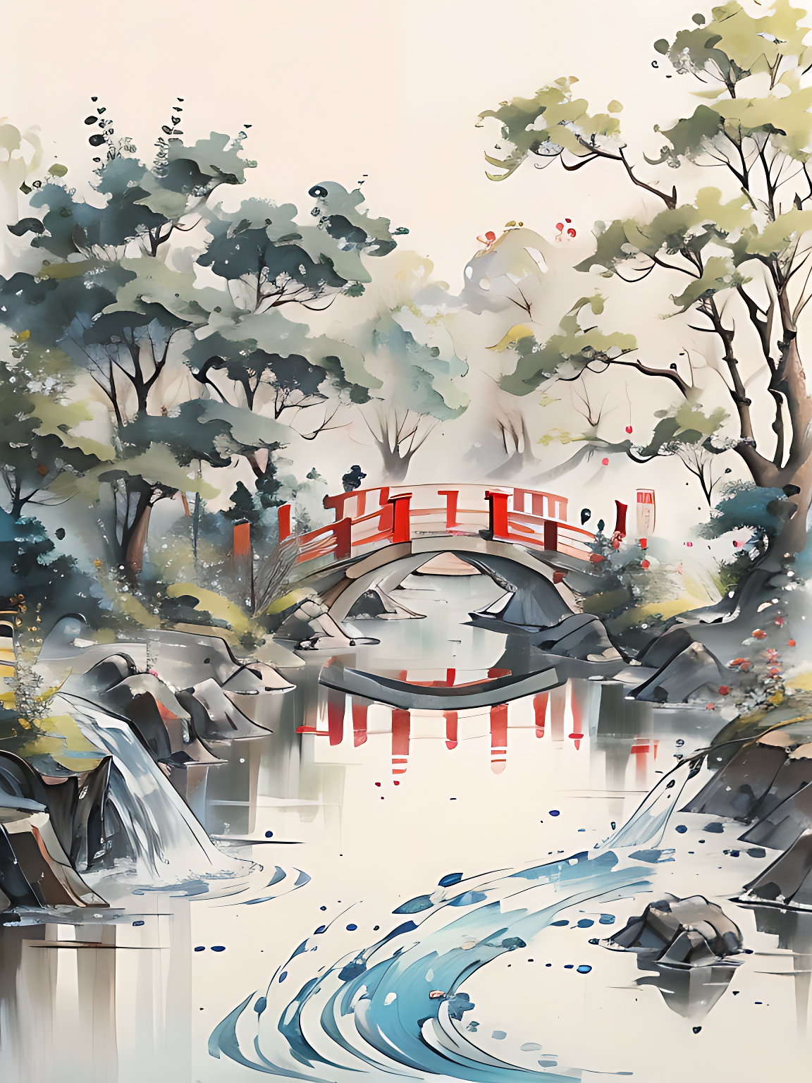 小桥流水中国画AI数字艺术素材