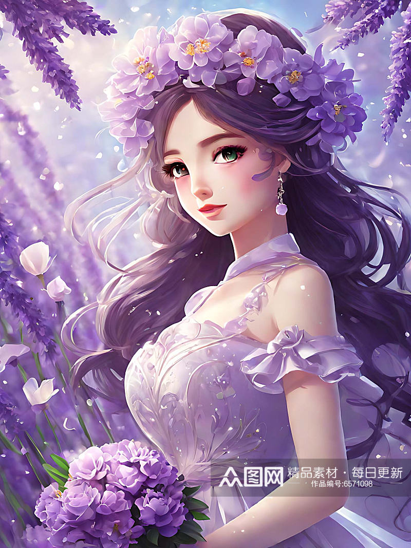 穿淡紫婚纱的新娘插画AI数字艺术素材
