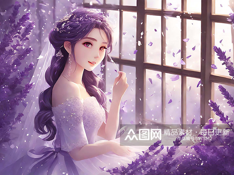 穿淡紫婚纱的新娘插画AI数字艺术素材