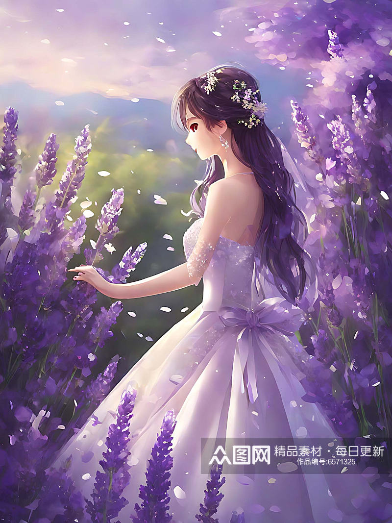穿淡紫婚纱的新娘插画AI数字艺术素材