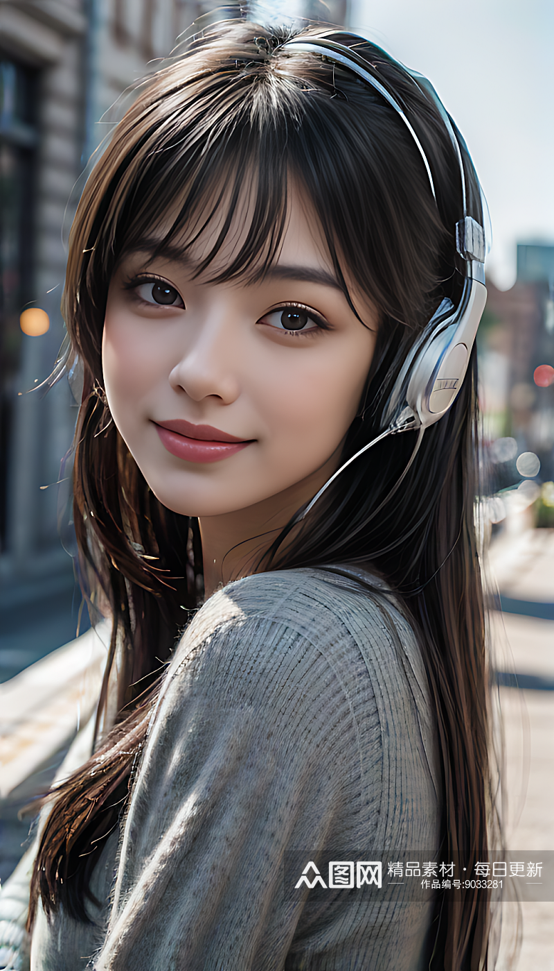 AI数字艺术戴耳机的女孩写实摄影素材