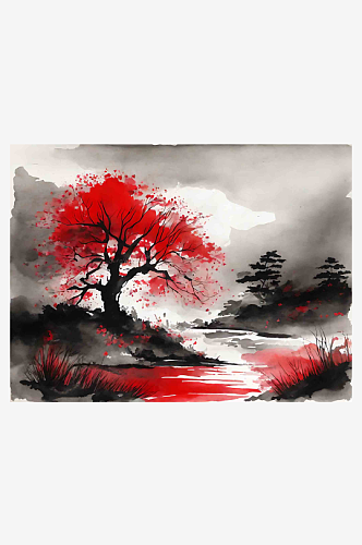 红色树木山水水墨画AI数字艺术