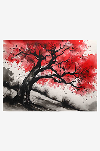 红色树木山水水墨画AI数字艺术
