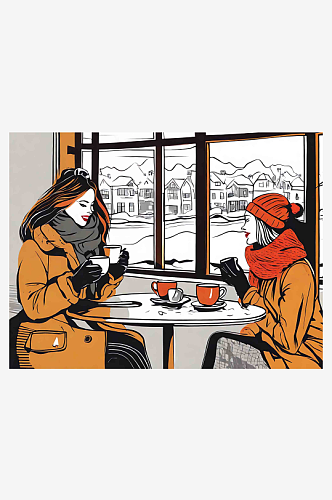 冬日女人在窗户边喝咖啡插画AI数字艺术