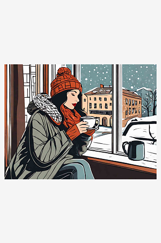 冬日女人在窗户边喝咖啡插画AI数字艺术