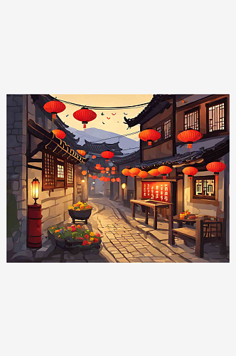 春节乡村古镇黄昏街景插画AI数字艺术