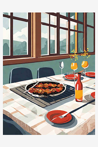 餐桌上的一盘烧烤肉串插画AI数字艺术