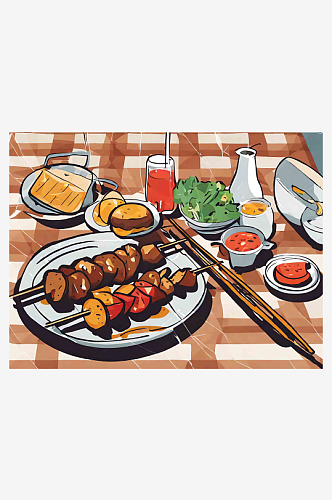 餐桌上的一盘烧烤肉串插画AI数字艺术