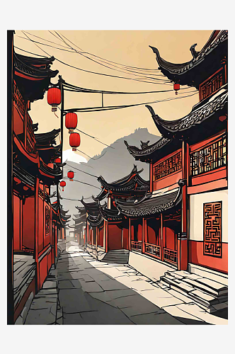 中国古代古建筑街道插画AI数字艺术