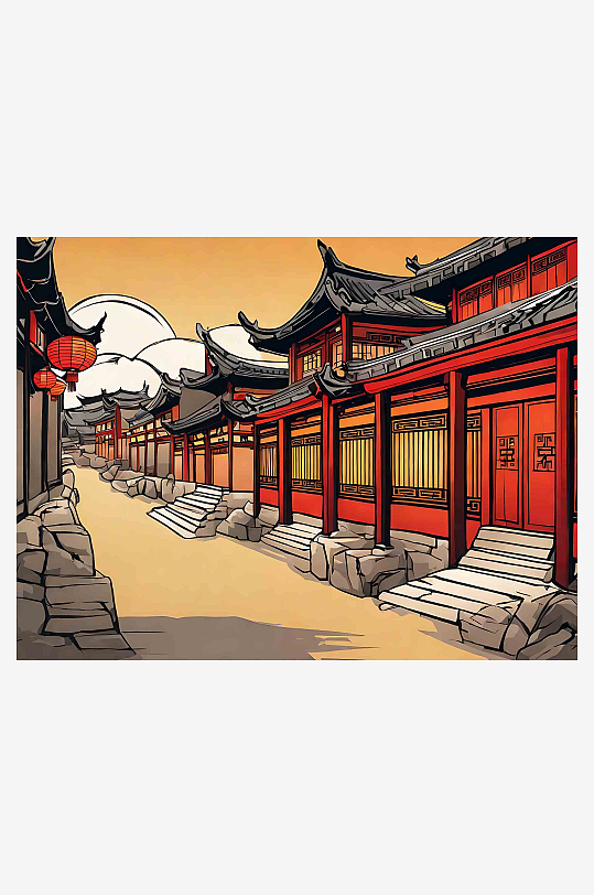 中国古代古建筑街道插画AI数字艺术