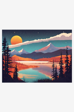 远山湖泊明月风景插画AI数字艺术