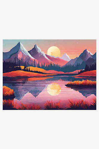 远山湖泊明月风景插画AI数字艺术