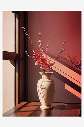 花瓶上的红梅花枝AI数字艺术