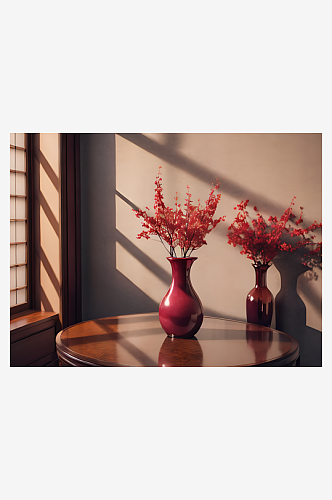 花瓶上的红梅花枝AI数字艺术