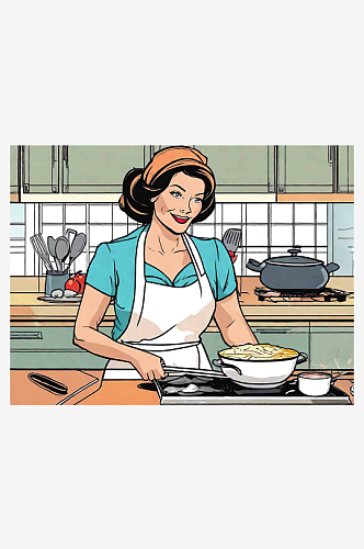 漫画风在做饭的妈妈AI数字艺术