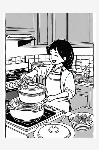 漫画风在做饭的妈妈AI数字艺术