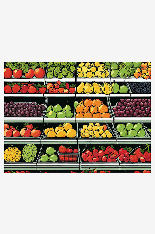 漫画风超市货架上的蔬果AI数字艺术