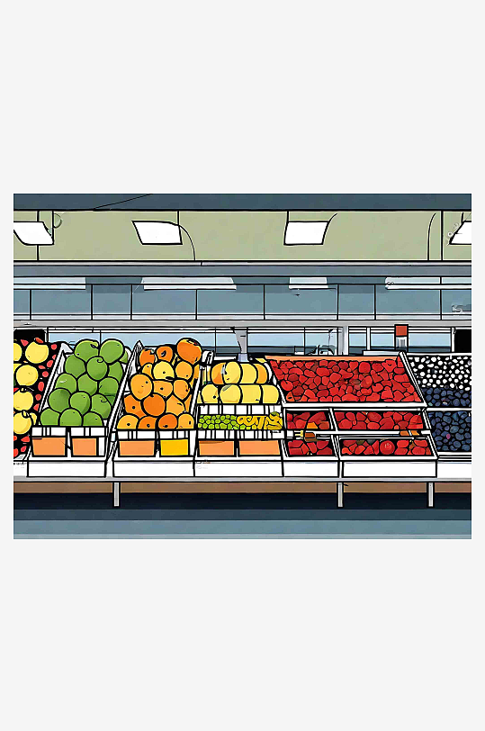 漫画风超市货架上的蔬果AI数字艺术