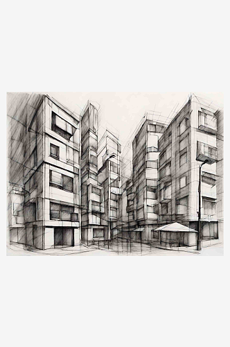 城市建筑铅笔速写AI数字艺术