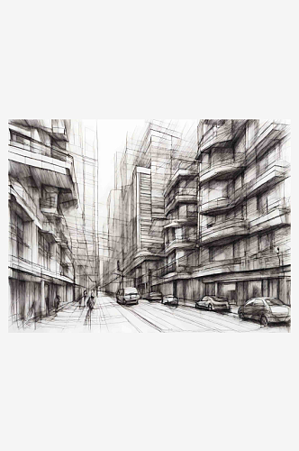 城市建筑铅笔速写AI数字艺术