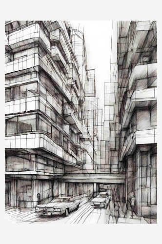 城市建筑铅笔速写AI数字艺术