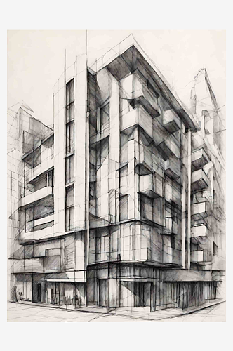 城市建筑铅笔速写AI数字艺术
