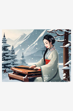 雪天里弹古筝的美女插画AI数字艺术