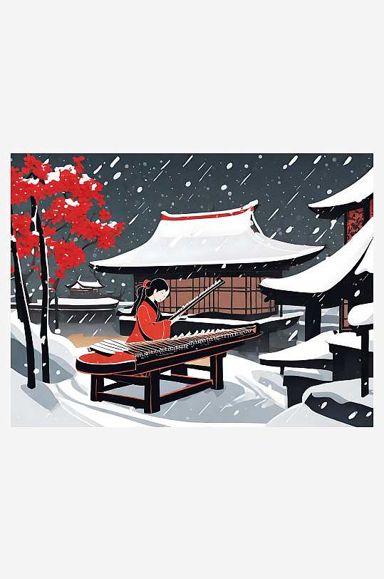 雪天里弹古筝的美女插画AI数字艺术