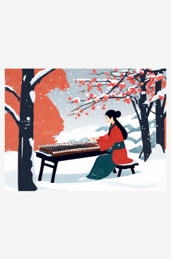 雪天里弹古筝的美女插画AI数字艺术