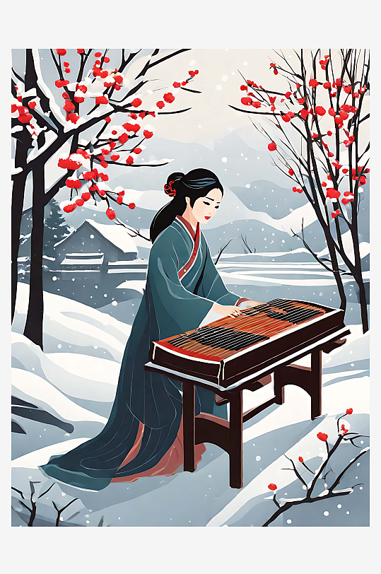 雪天里弹古筝的美女插画AI数字艺术