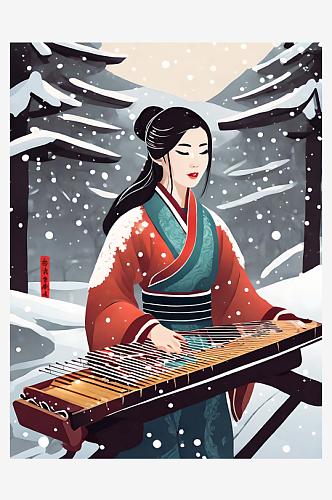 雪天里弹古筝的美女插画AI数字艺术