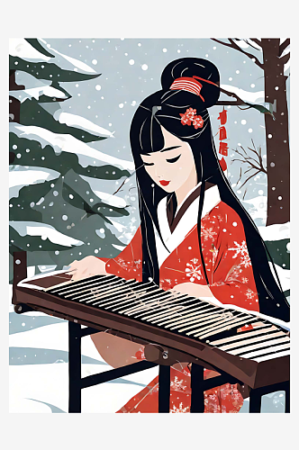 雪天里弹古筝的美女插画AI数字艺术
