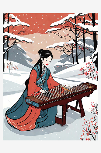 雪天里弹古筝的美女插画AI数字艺术