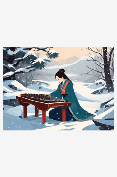 雪天里弹古筝的美女插画AI数字艺术