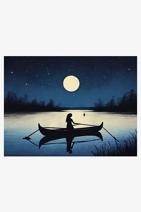 唯美夜晚少女划船插画AI数字艺术