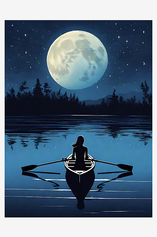 唯美夜晚少女划船插画AI数字艺术