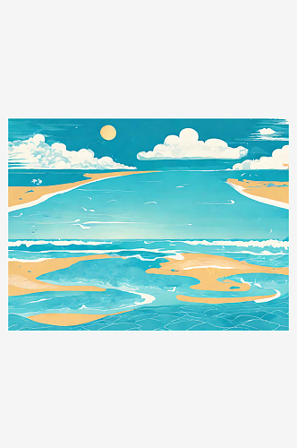 夏天的海边梦幻插画AI数字艺术