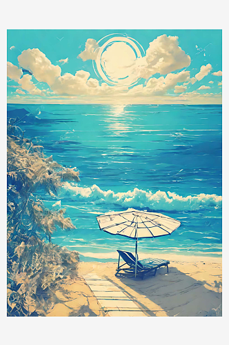 夏天的海边梦幻插画AI数字艺术