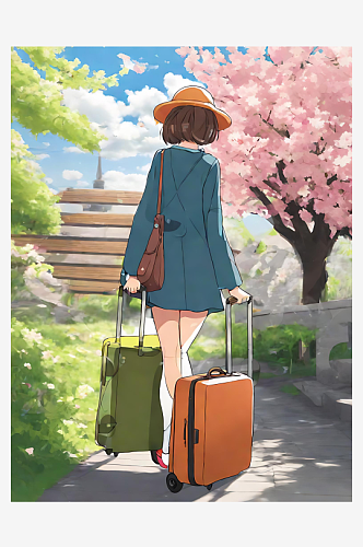 春天提着行李箱的女孩插画AI数字艺术