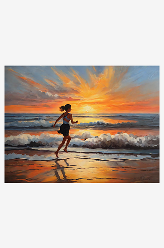 在落日的海边奔跑的女孩油画AI数字艺术