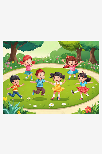 卡通风小朋友在草地上玩耍AI数字艺术