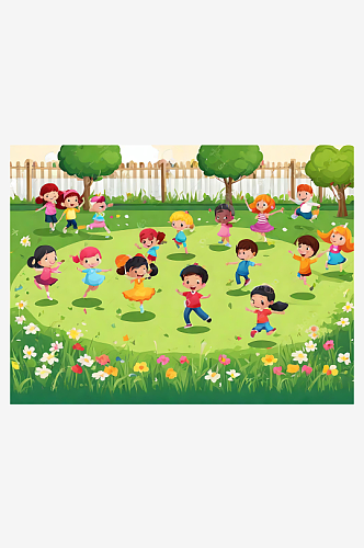 卡通风小朋友在草地上玩耍AI数字艺术