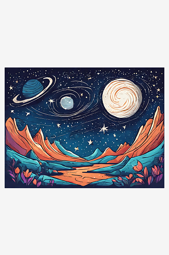 手绘风星空宇宙插画AI数字艺术