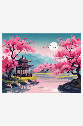 粉色唯美春天中国风山水AI数字艺术