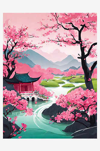 粉色唯美春天中国风山水AI数字艺术
